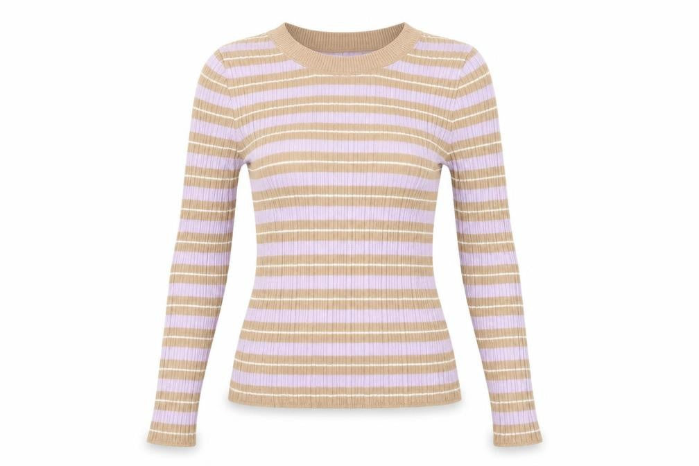ASOS Womens Beige Striped Acrylic Basic T-Shirt Size 14 Round Neck