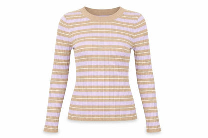Front view of ASOS women’s beige striped acrylic basic t-shirt, size UK 14, round neck