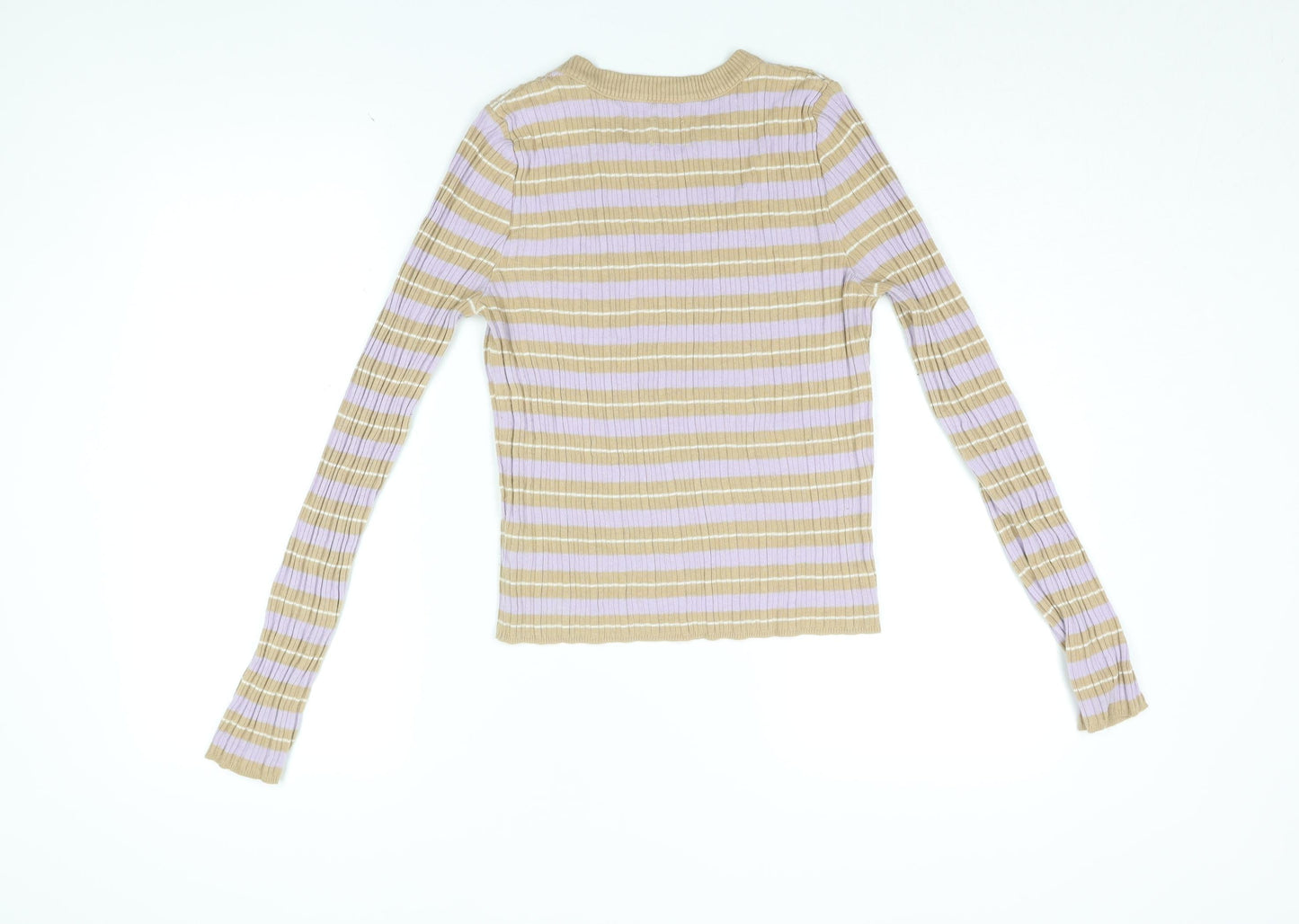 ASOS Womens Beige Striped Acrylic Basic T-Shirt Size 14 Round Neck