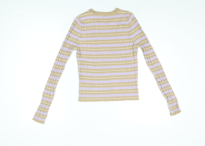 Back view of ASOS women’s beige striped acrylic basic t-shirt, size UK 14, round neck