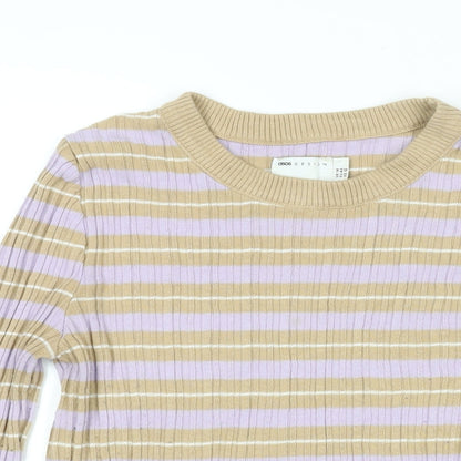 Close-up detail of ASOS women’s beige striped acrylic basic t-shirt, size UK 14, round neck