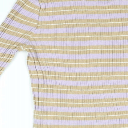Brand and care label for ASOS women’s beige striped acrylic basic t-shirt, size UK 14, round neck