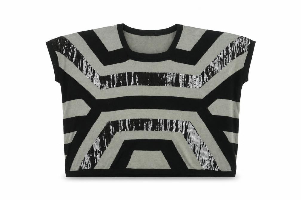 LAUREN VIDAL Womens Black Striped Wool Basic T-Shirt Size M Round Neck - Sequin Detail