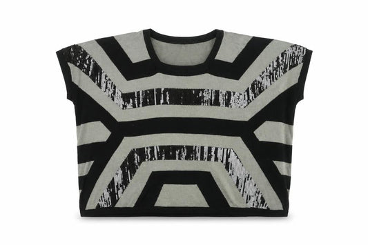 LAUREN VIDAL Womens Black Striped Wool Basic T-Shirt Size M Round Neck - Sequin Detail