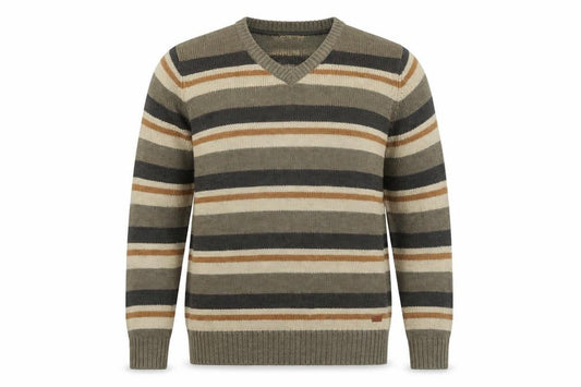 P.G Field Mens Brown V-Neck Striped Acrylic Pullover Jumper Size L Long Sleeve