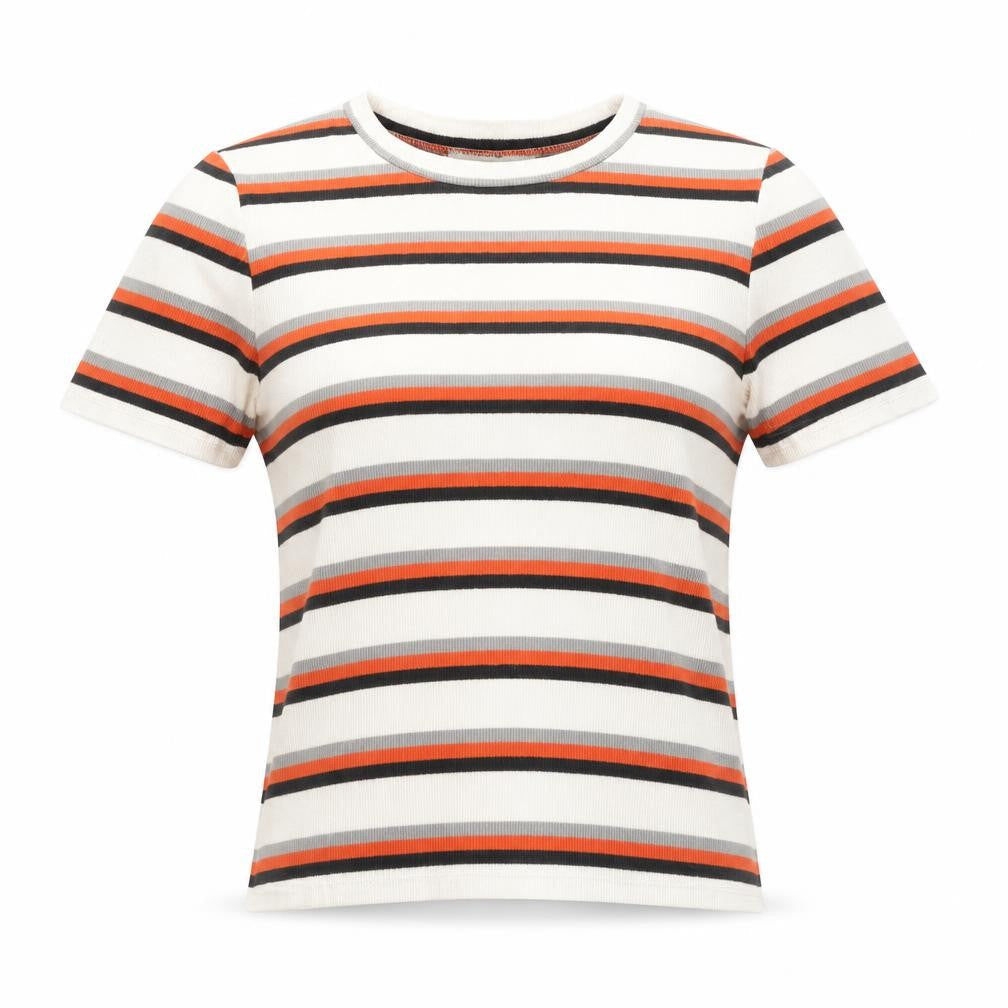 Oasis Womens White Striped Cotton Basic T-Shirt Size S Round Neck