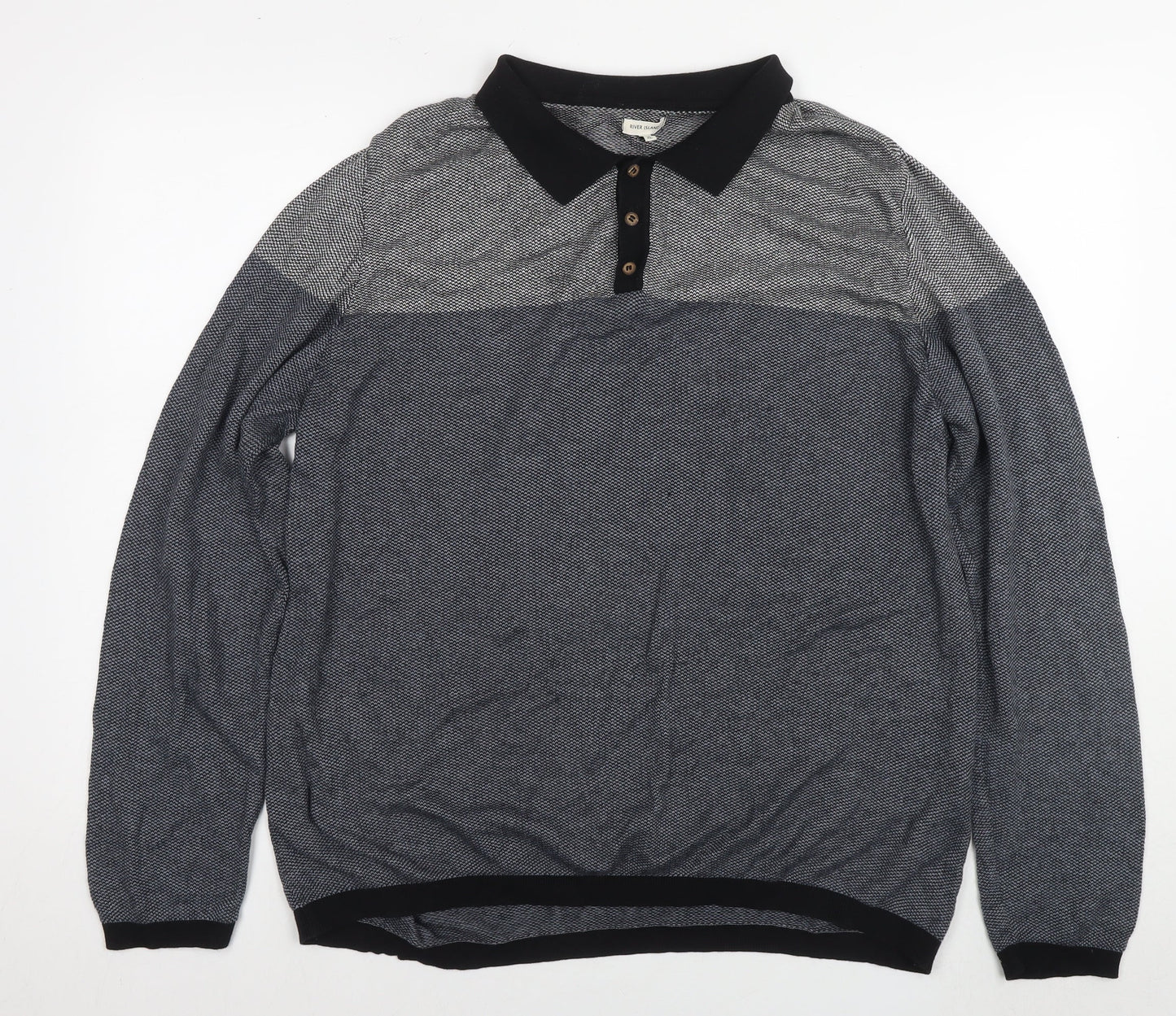 River Island Mens Blue Collared Cotton Pullover Jumper Size XL Long Sleeve