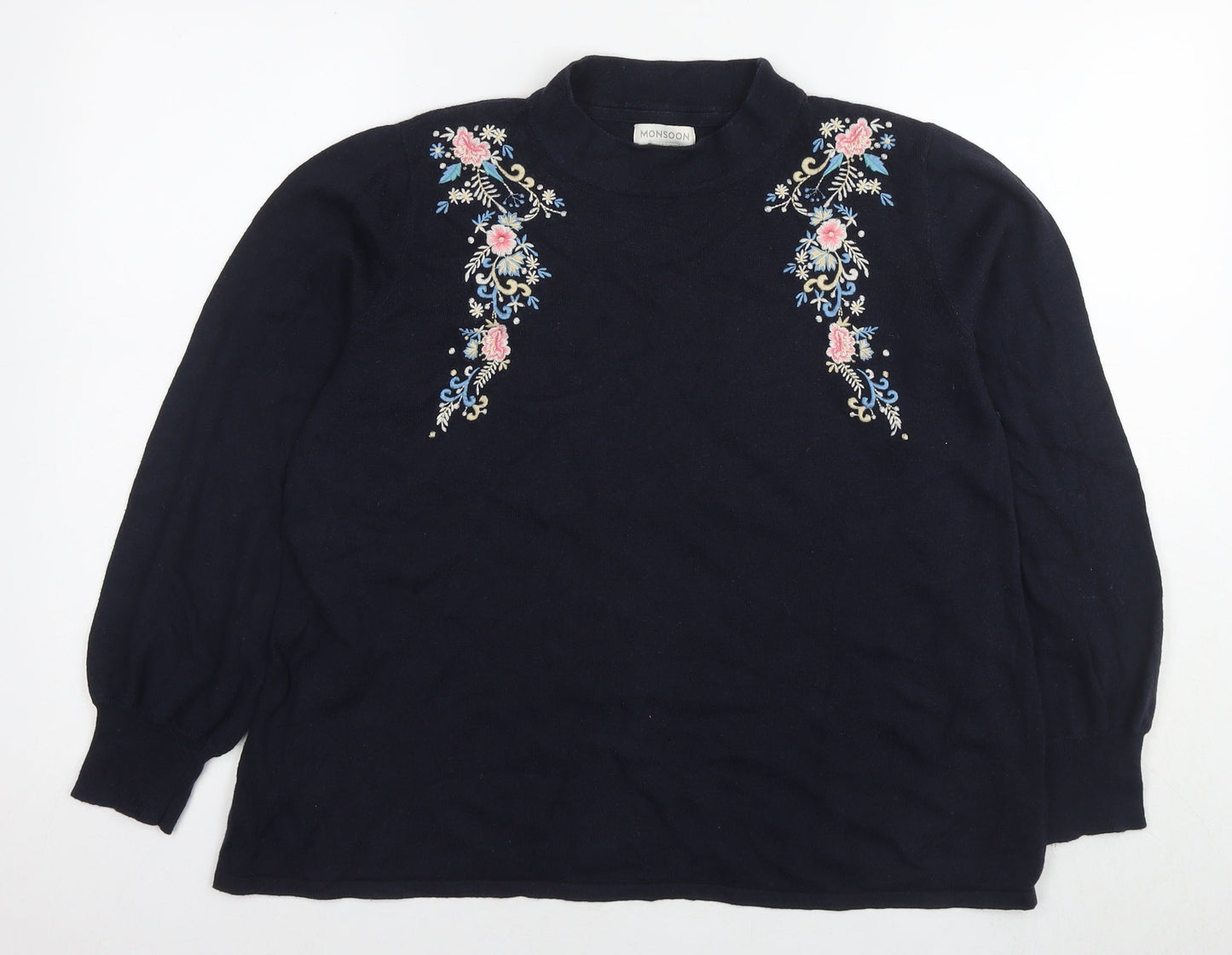Monsoon Womens Blue Round Neck Cotton Pullover Jumper Size 16 - Flowers