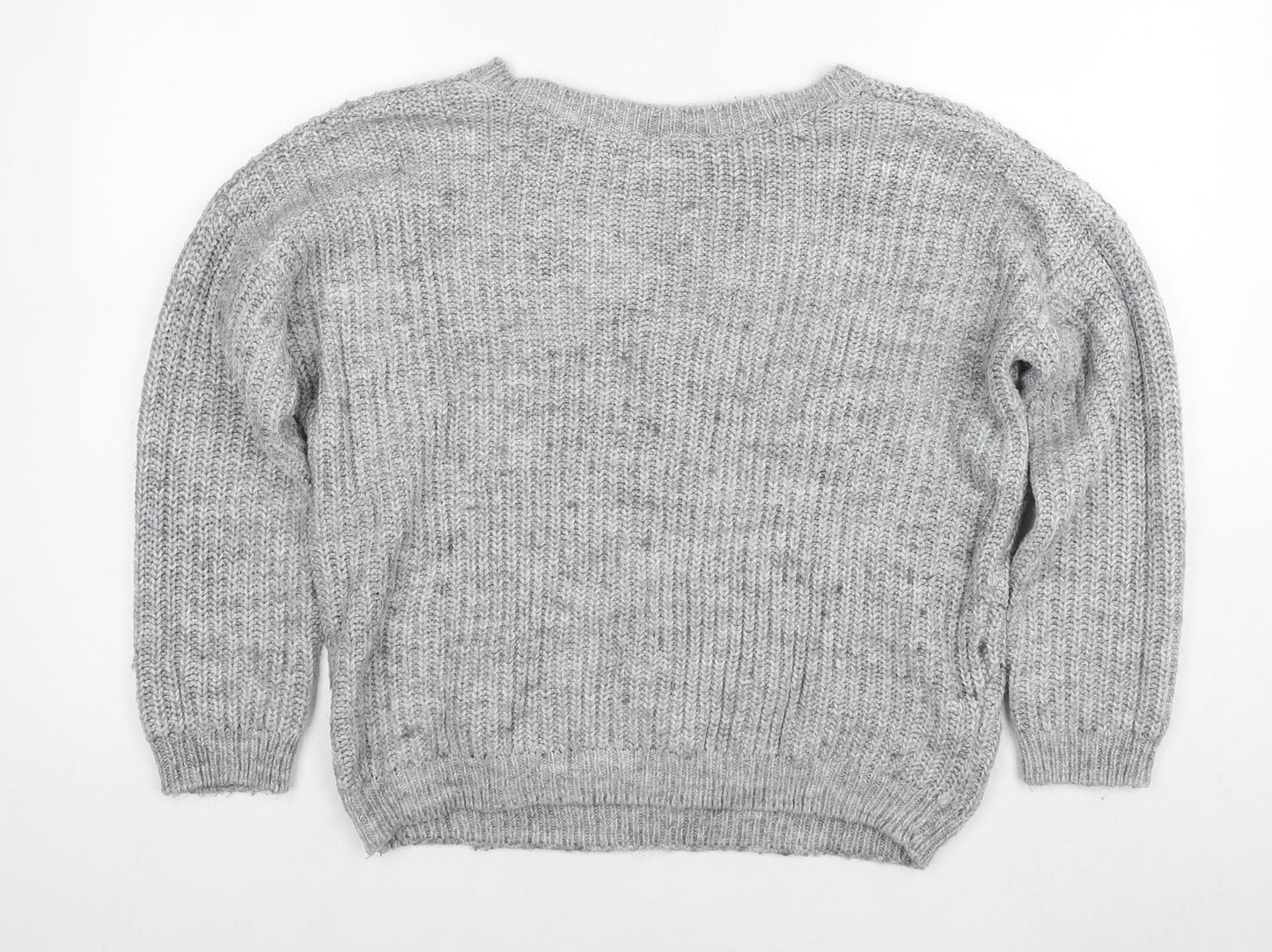 Reversed Womens Grey V-Neck Acrylic Pullover Jumper Size S