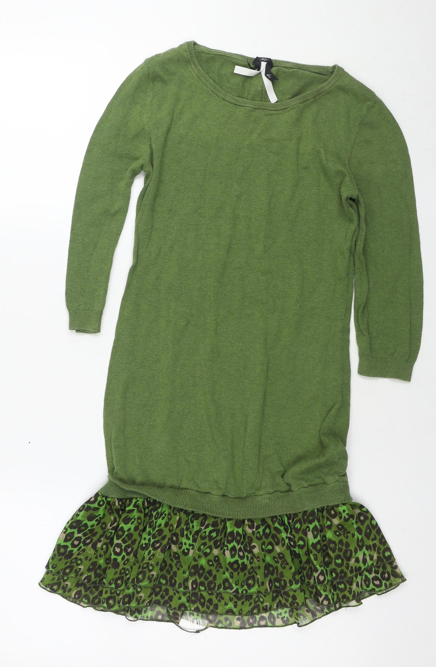 NEXT Womens Green Round Neck Animal Print Cotton Tunic Jumper Size 6 - Leopard Print