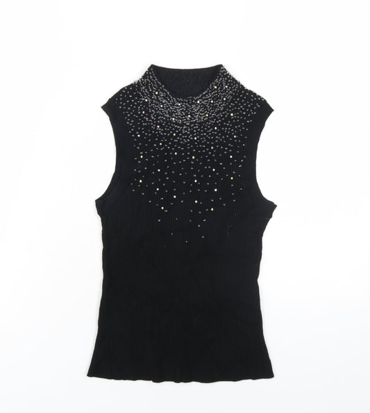 Planet Womens Black Viscose Basic Tank Size XS Mock Neck - Beaded