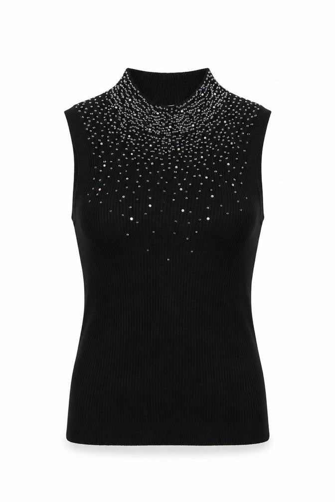 Planet Womens Black Viscose Basic Tank Size XS Mock Neck - Beaded