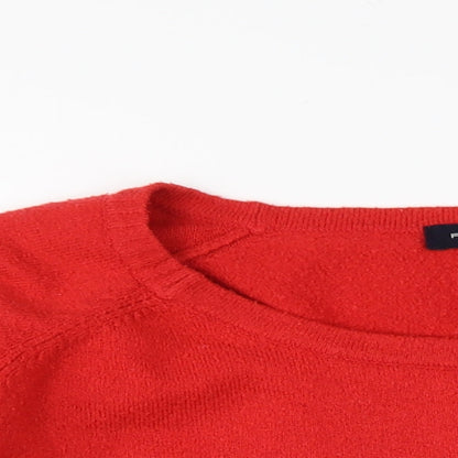 Close-up detail of French Connection women’s red round neck acrylic jumper, size M