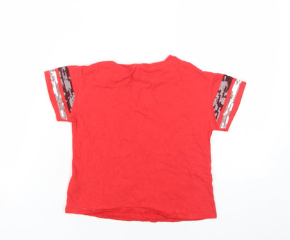 Back view of Disney girls’ red cotton basic t-shirt, size 6-7, years round neck pullover - sequin mickey mouse