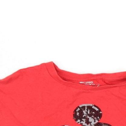 Close-up detail of Disney girls’ red cotton basic t-shirt, size 6-7, years round neck pullover - sequin mickey mouse