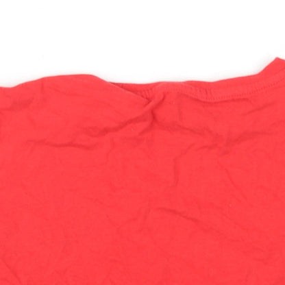 Brand and care label for Disney girls’ red cotton basic t-shirt, size 6-7, years round neck pullover - sequin mickey mouse