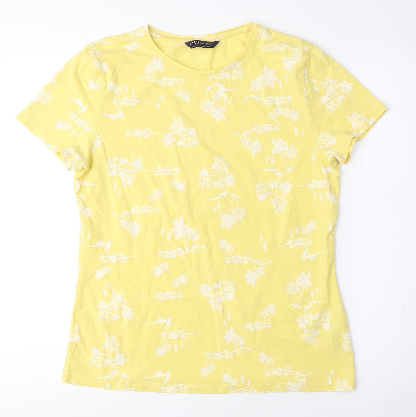 Marks and Spencer Womens Yellow Floral Cotton Basic T-Shirt Size 14 Crew Neck