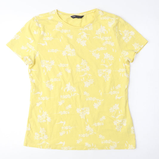 Marks and Spencer Womens Yellow Floral Cotton Basic T-Shirt Size 14 Crew Neck