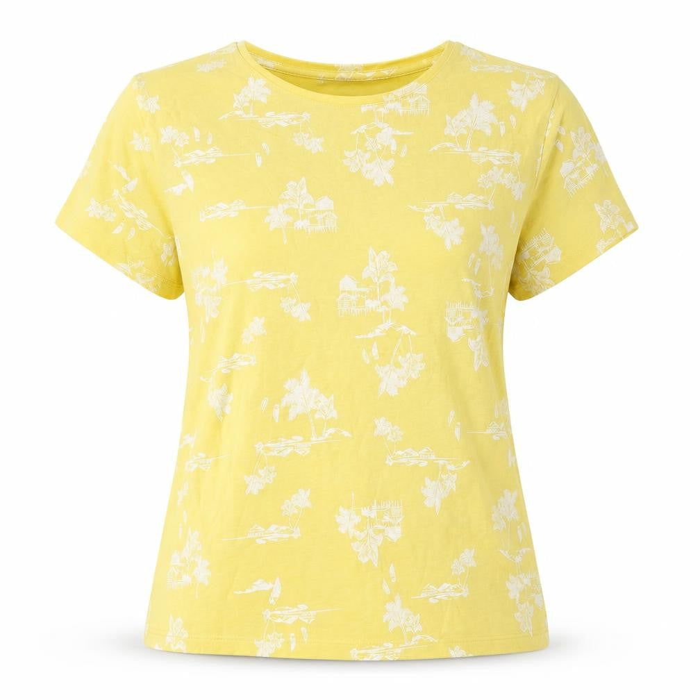 Marks & Spencer Womens Yellow Floral Cotton Basic T-Shirt Size 14 Crew Neck