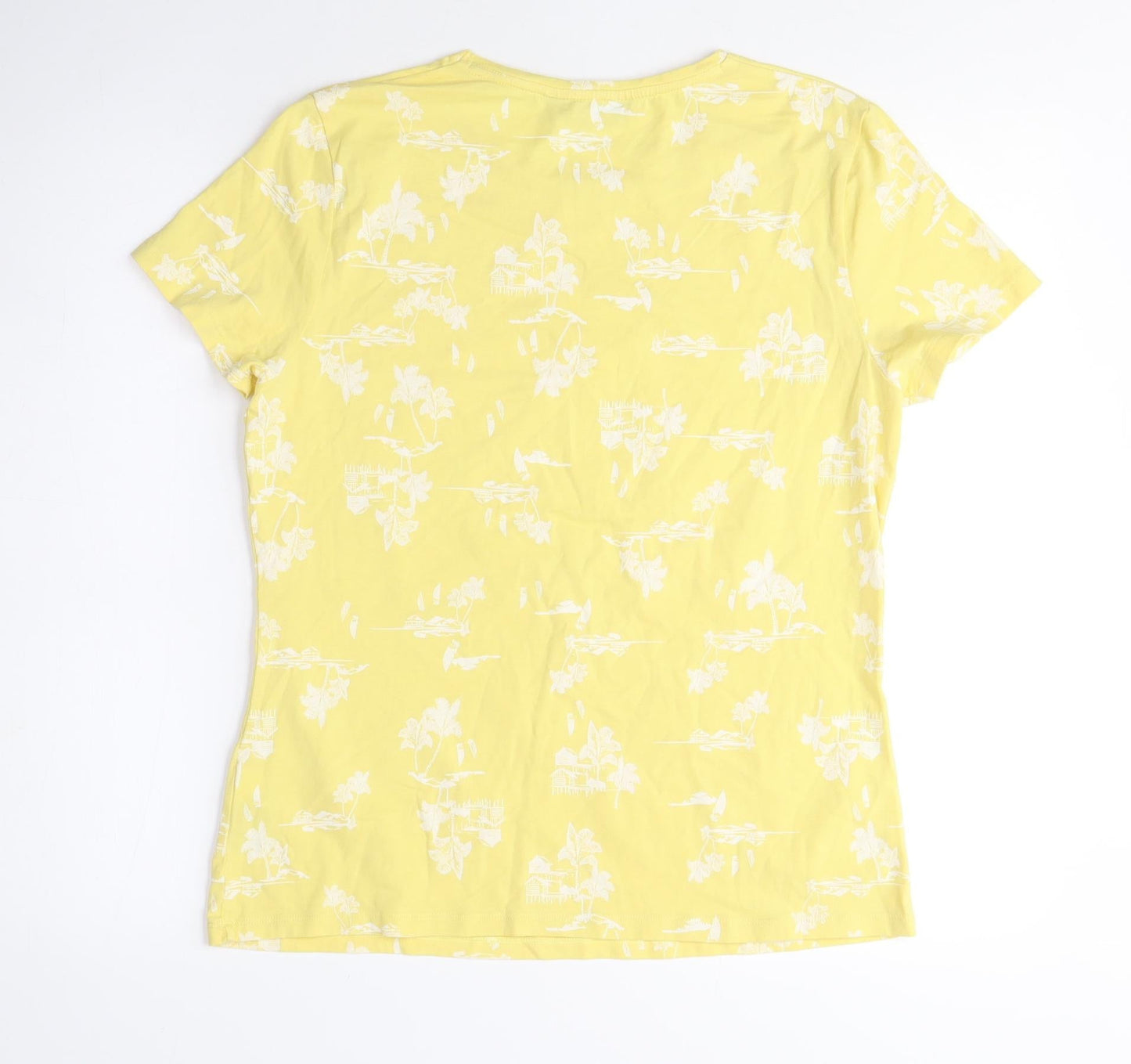 Marks and Spencer Womens Yellow Floral Cotton Basic T-Shirt Size 14 Crew Neck