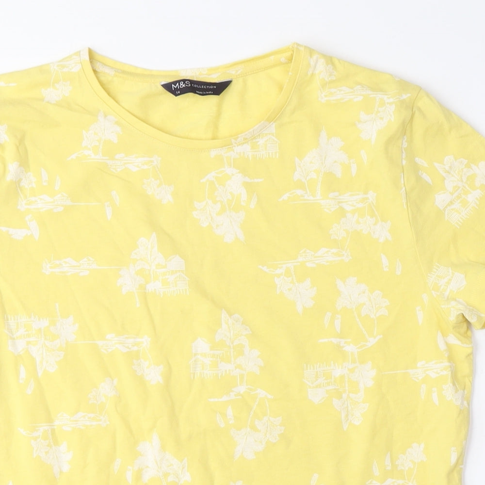 Marks and Spencer Womens Yellow Floral Cotton Basic T-Shirt Size 14 Crew Neck