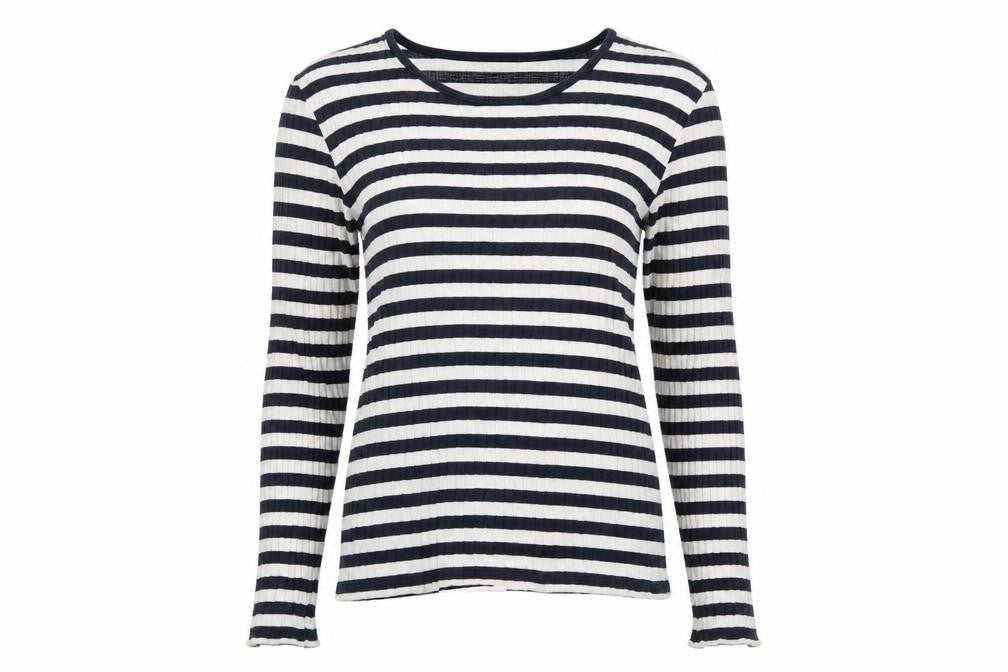 Tif Taffy Womens Blue Striped Viscose Basic T-Shirt Size L Round Neck