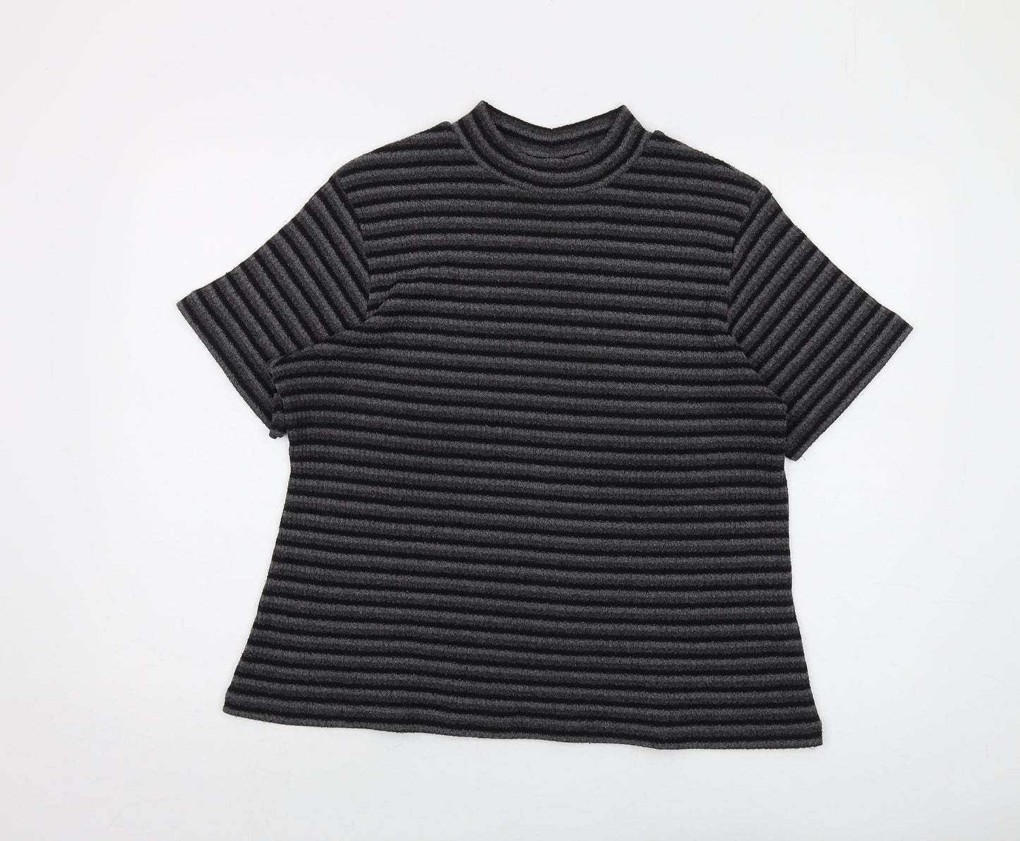 Ann Harvey Womens Grey Mock Neck Striped Polyester Pullover Jumper Size 18