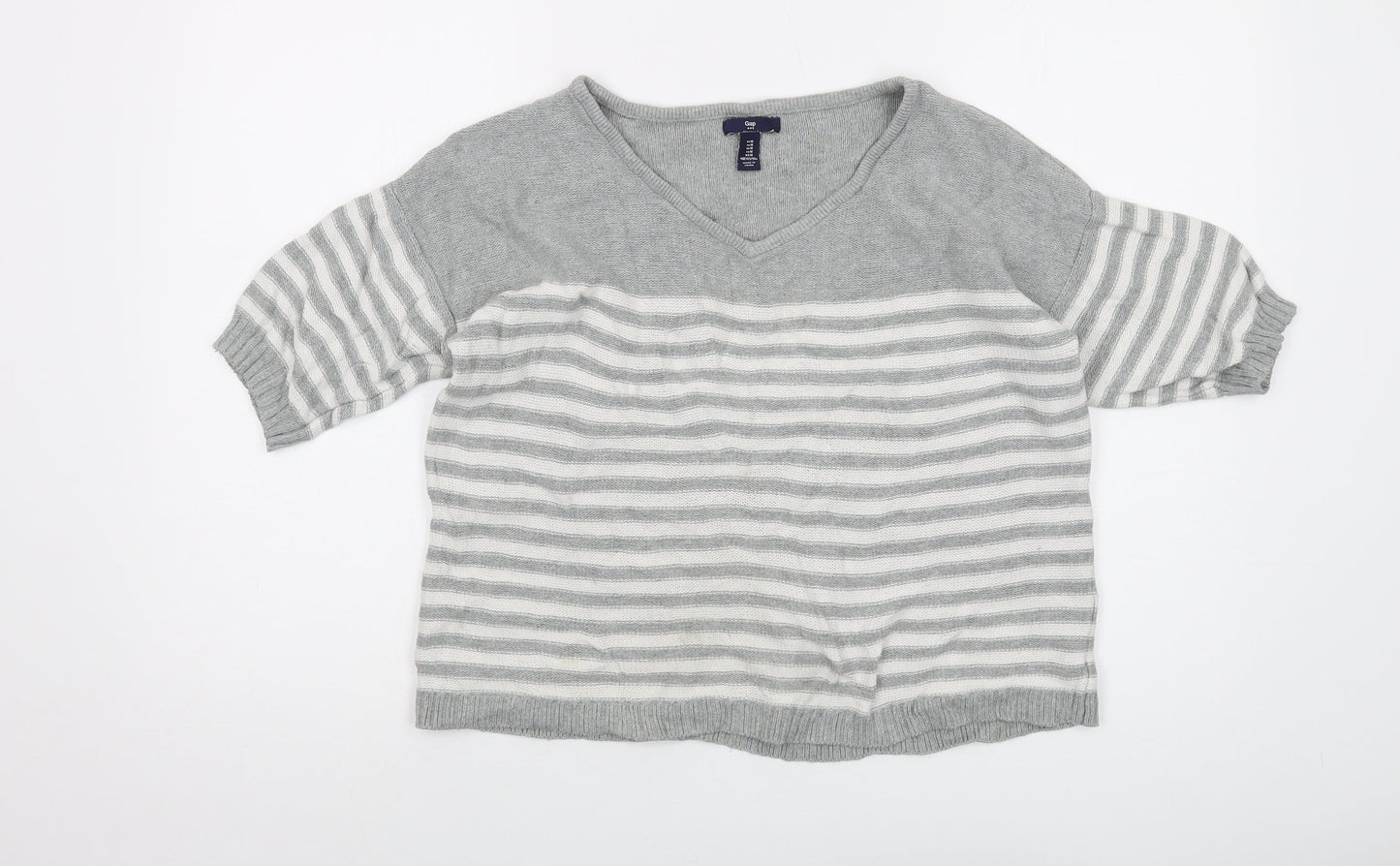 Gap Womens Gold V-Neck Striped Cotton Pullover Jumper Size M