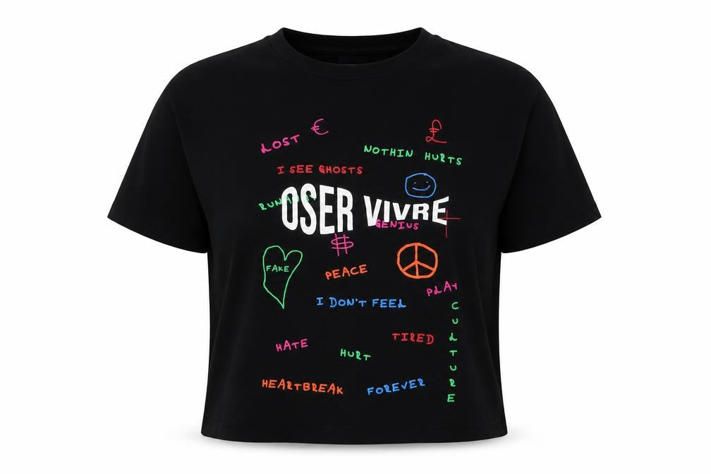 Oser Vivre Womens Black Geometric Cotton Cropped T-Shirt Size M Crew Neck