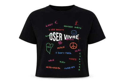 Oser Vivre Womens Black Geometric Cotton Cropped T-Shirt Size M Crew Neck