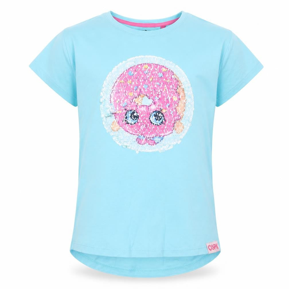 Shopkins Girls Blue Cotton Basic T-Shirt Size 9 Years Crew Neck Pullover - Sequins