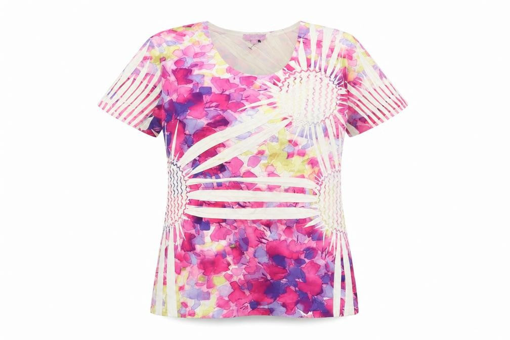 Sarah Hamilton Womens Pink Floral Polyester Basic T-Shirt Size M Crew Neck - Pleated