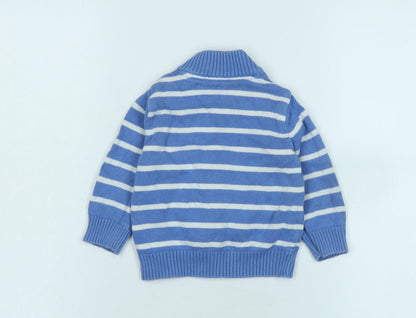Back view of Mothercare boys’ blue jacket, size 6-9, months zip