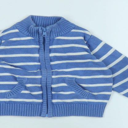 Close-up detail of Mothercare boys’ blue jacket, size 6-9, months zip