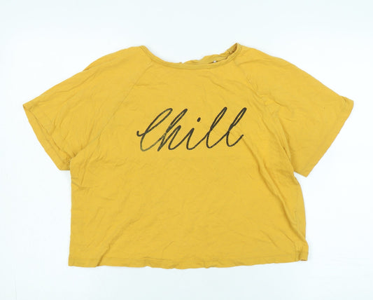 wonder love Womens Yellow Cotton Basic T-Shirt Size S Crew Neck - Logo- CHILL