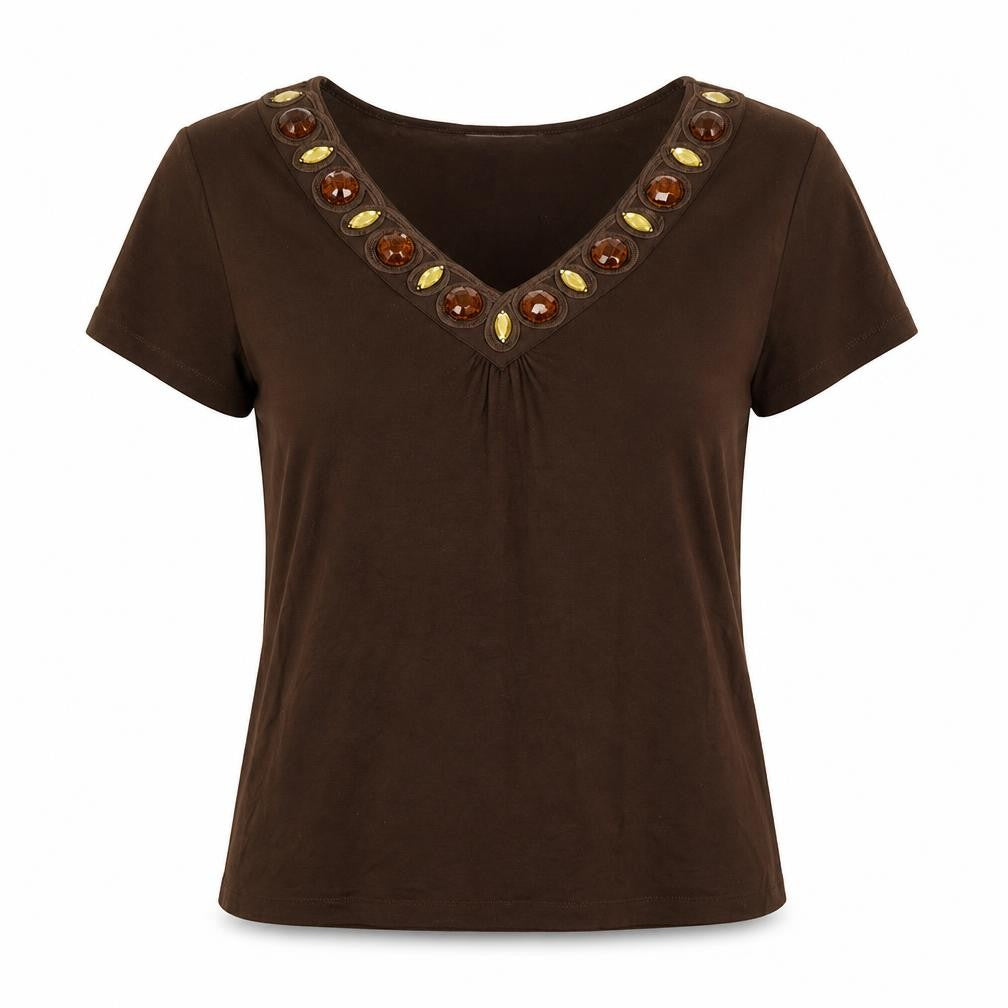Country Casuals Womens Brown Viscose Basic T-Shirt Size M V-Neck - Jewelled neckline