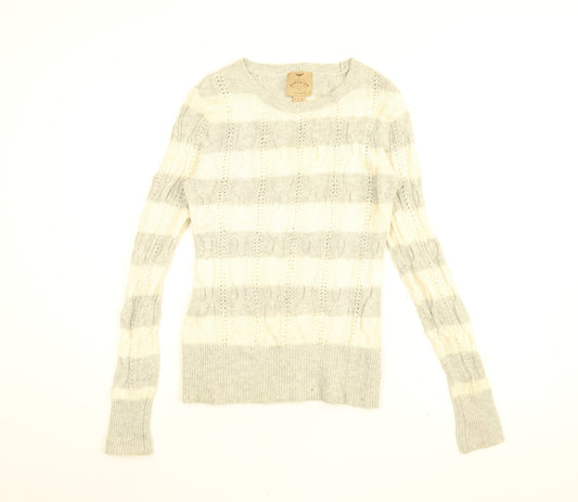 Believers in Aphorism Womens White Round Neck Striped Nylon Pullover Jumper Size 12