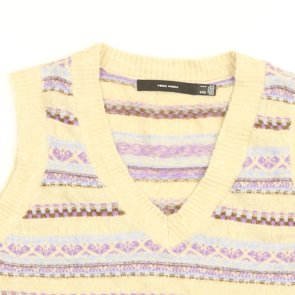 VERO MODA Womens Beige V-Neck Geometric Acrylic Pullover Jumper Size S