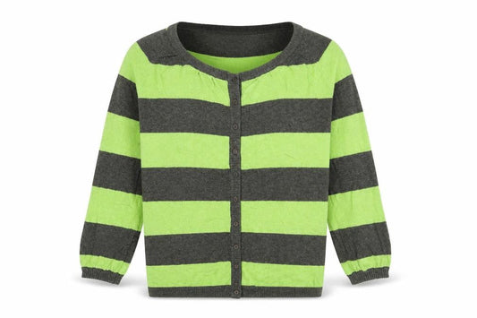 Front view of Vackray women’s green round neck striped cotton cardigan jumper, size XS