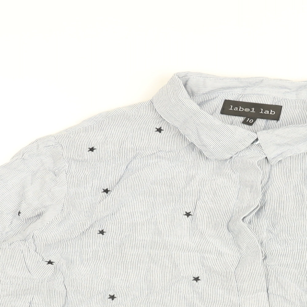Label Lab Womens Blue Striped Viscose Basic Button-Up Size 10 Collared - Star print