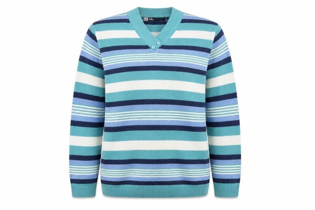 Isle Blue Striped Pullover Jumper, Size M, V-Neck Winter