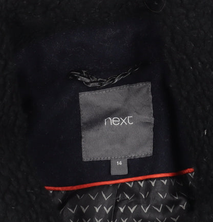 Brand and care label for Next Black Wool Overcoat, size 14, Casual Zip