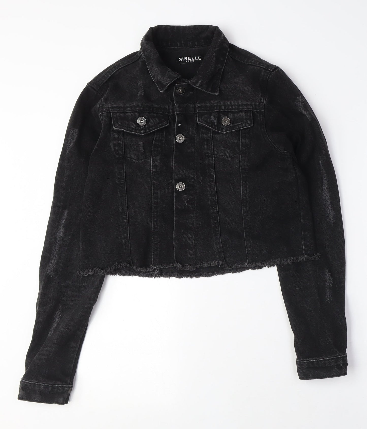 Giselle Womens Black Jacket Size 10 Button - Distressed, Black Denim Jacket