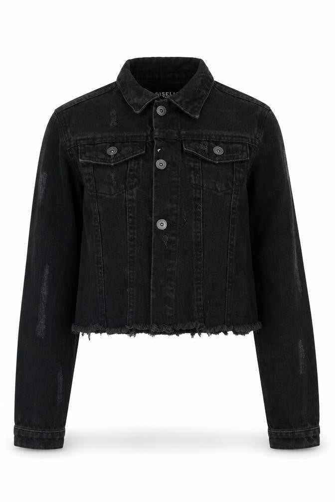 Giselle Womens Black Jacket Size 10 Button - Distressed, Black Denim Jacket