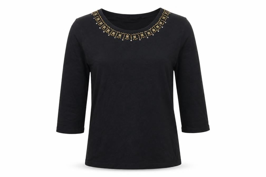 EWM Womens Black Cotton Basic T-Shirt Size 10 Scoop Neck - Beaded Neckline