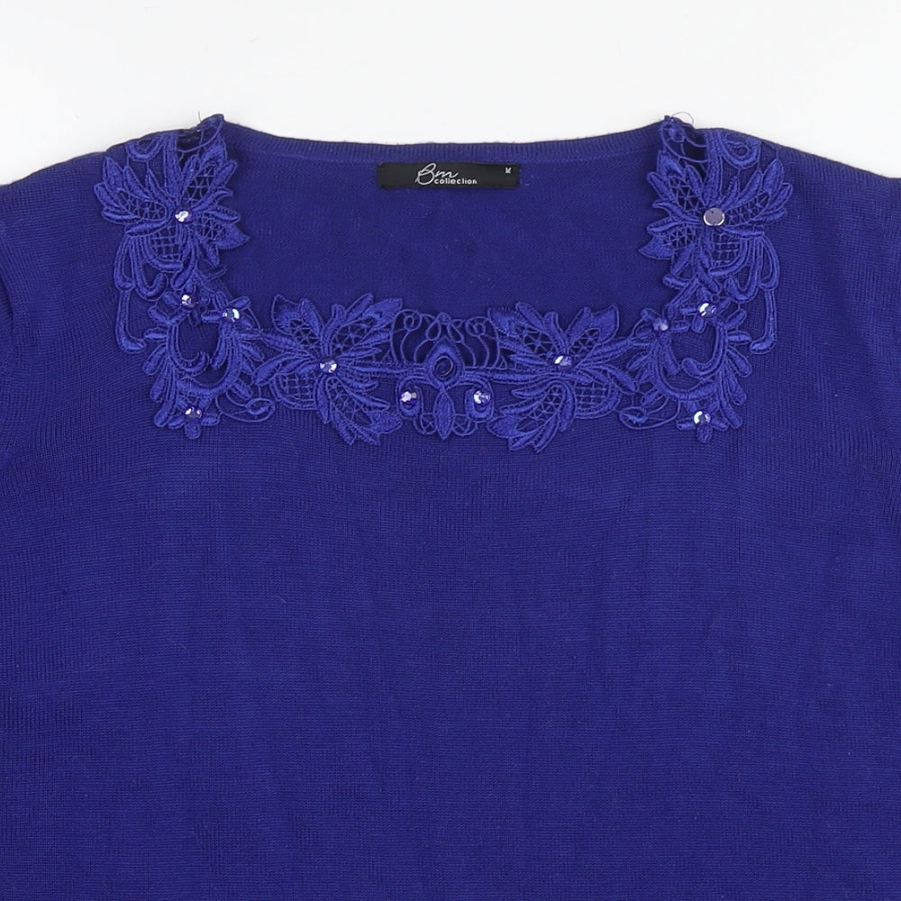 Bonmarché Womens Blue Round Neck Acrylic Pullover Jumper Size M - Lace Detail