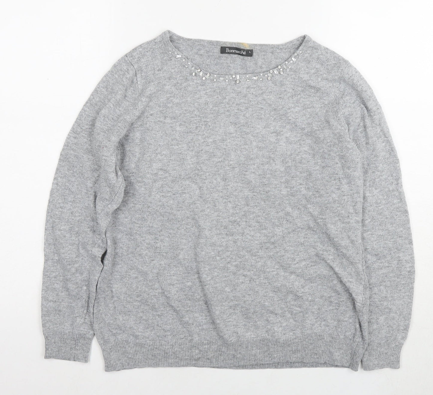 Bonmarché Womens Grey Round Neck Polyester Pullover Jumper Size L - Jeweled Detail