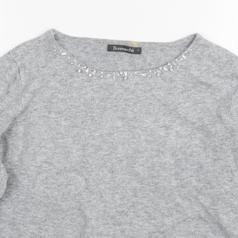 Bonmarché Womens Grey Round Neck Polyester Pullover Jumper Size L - Jeweled Detail