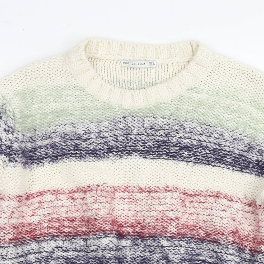 Zara Womens Multicoloured Round Neck Striped Cotton Pullover Jumper Size S