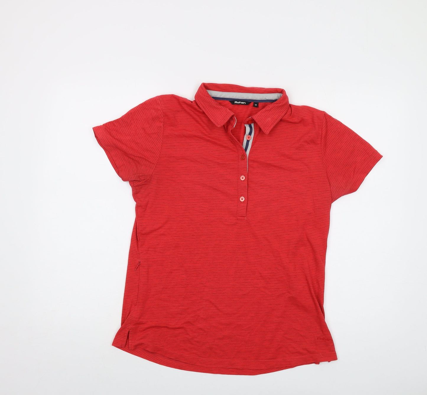 Rohan Womens Red Striped Polyester Basic Polo Size 12 Collared
